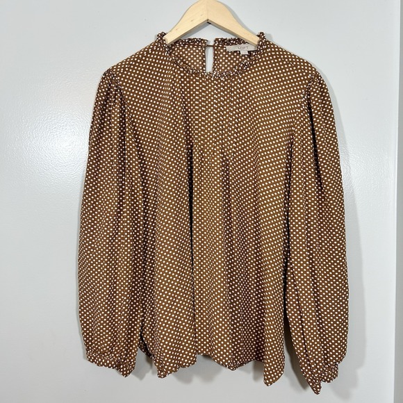 LOFT Tops - Loft Polka Dot Long Sleeve Blouse Women's XL Pleated Front Ruffled Neck Office